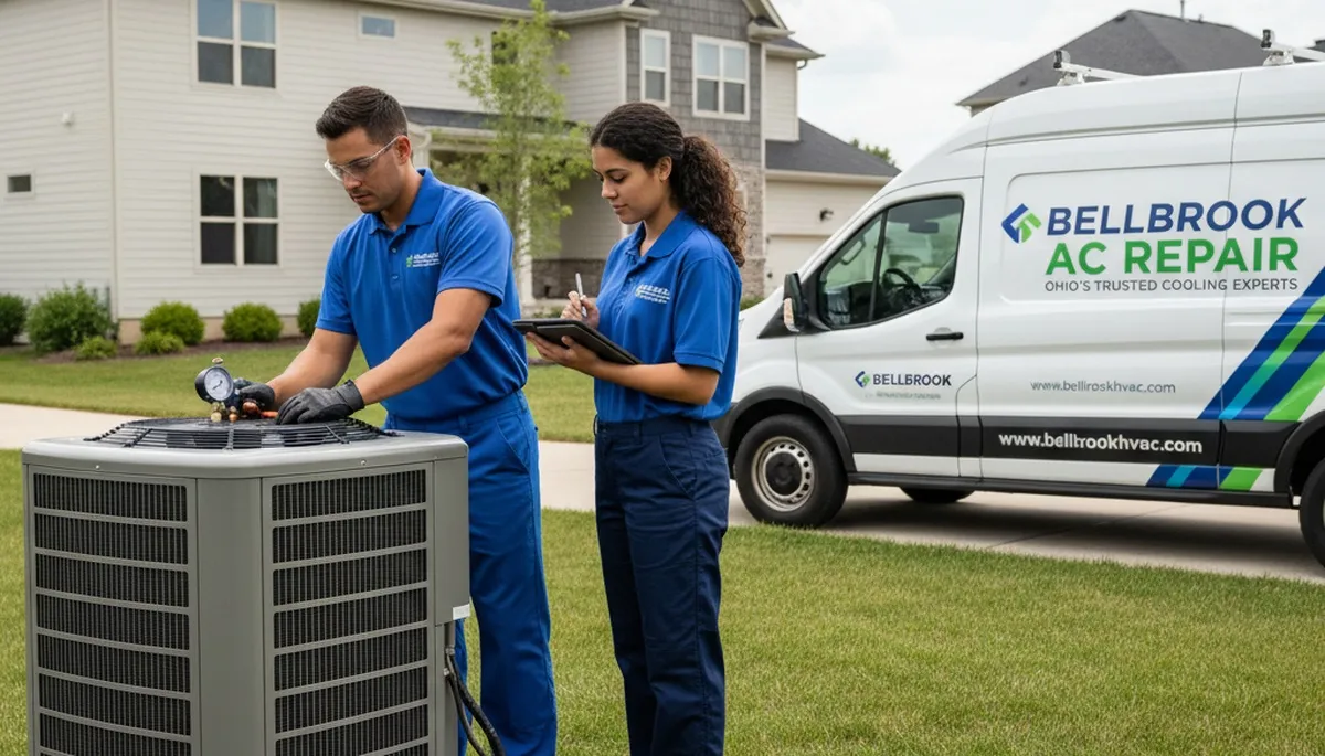 HVAC technician performing AC repair service at residential home in Dayton, OH