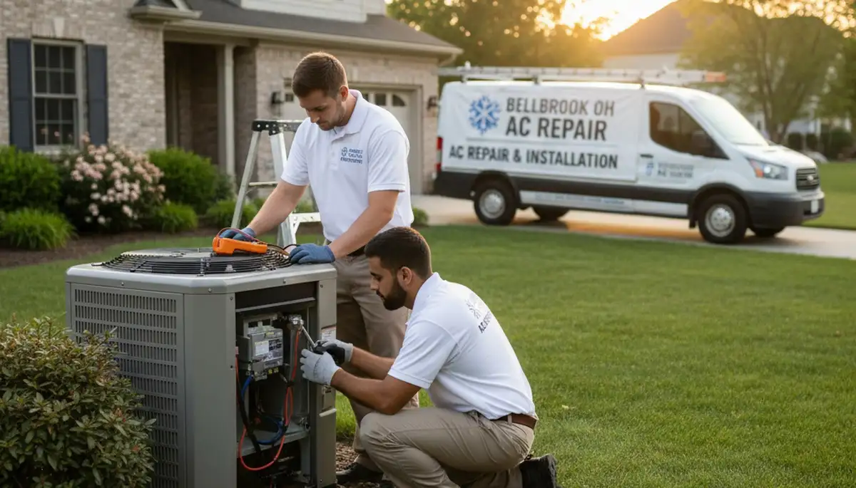 Professional AC repair technician servicing air conditioner in Dayton, OH home