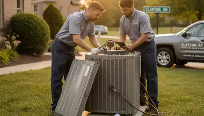 Professional AC repair technician servicing air conditioner unit in Dayton, OH