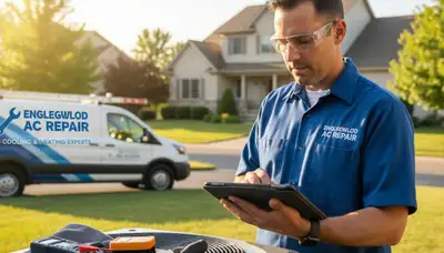 Professional AC repair technician servicing air conditioner in Dayton, OH home