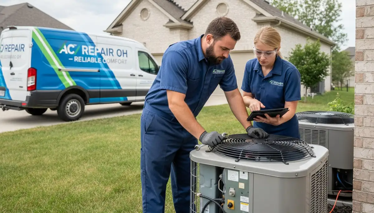 Professional AC repair technician servicing air conditioning unit in Dayton, OH home