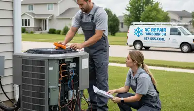 Professional AC repair technician servicing residential air conditioner in Dayton, OH
