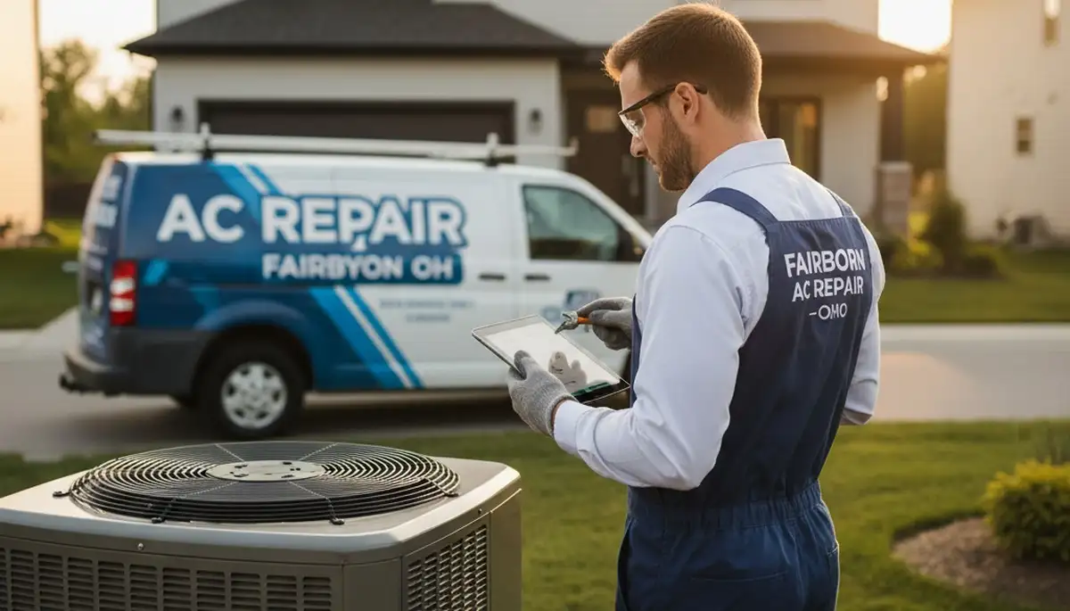 Professional AC repair technician servicing air conditioning unit in Dayton, OH