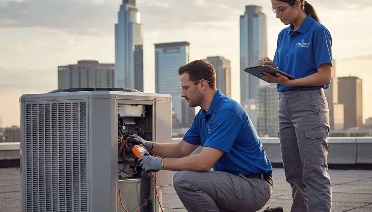 HVAC technician performing AC repair service on home cooling unit in Dayton, OH