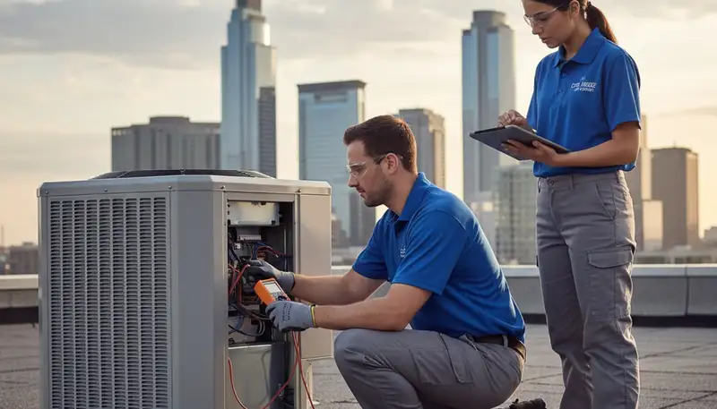 HVAC technician performing AC repair service on home cooling unit in Dayton, OH