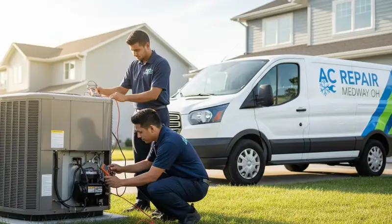 Professional AC repair technician servicing air conditioner unit in Dayton, OH