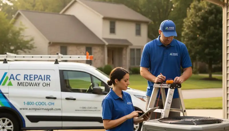 Professional AC repair technician servicing air conditioner in Dayton, OH home