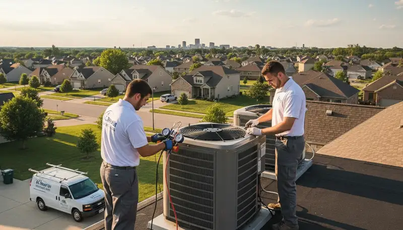 Professional AC repair technician servicing air conditioner in Dayton, OH home
