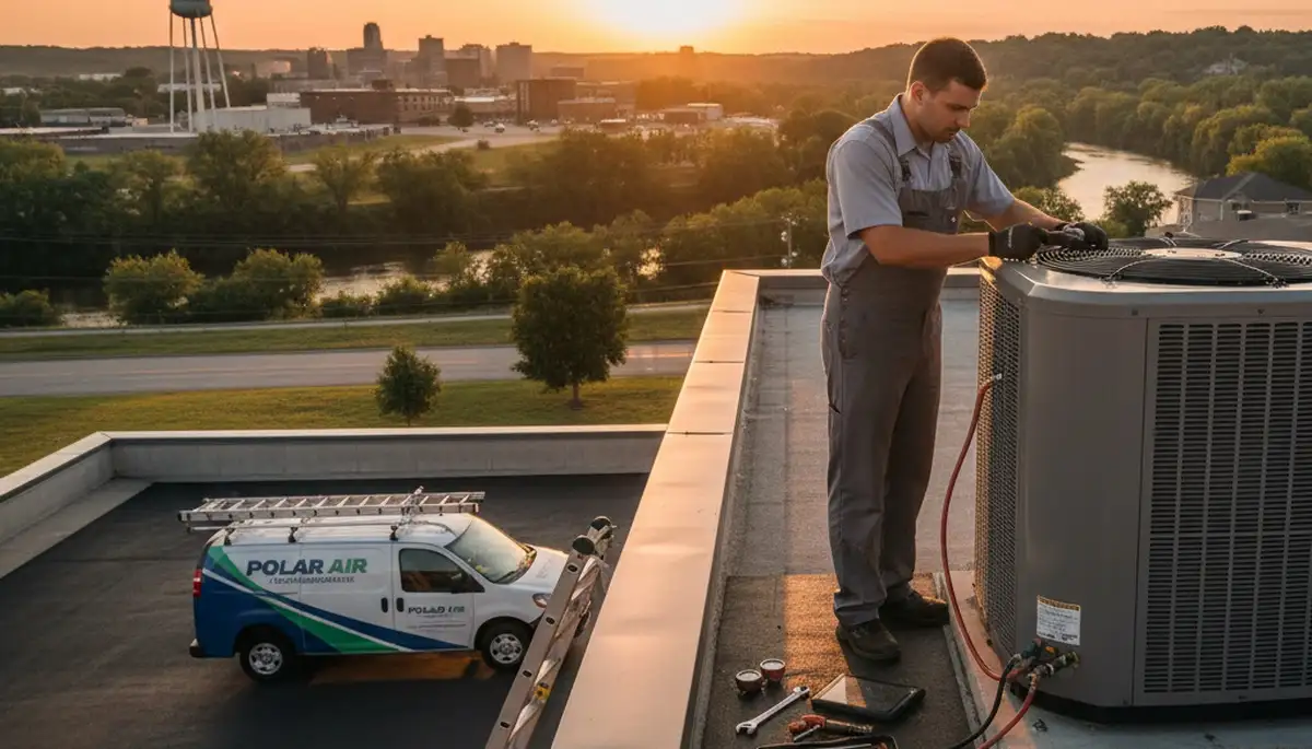 Professional AC repair technician servicing air conditioner in Dayton, OH home