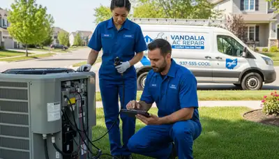 Professional AC repair technician servicing air conditioner unit in Dayton, OH