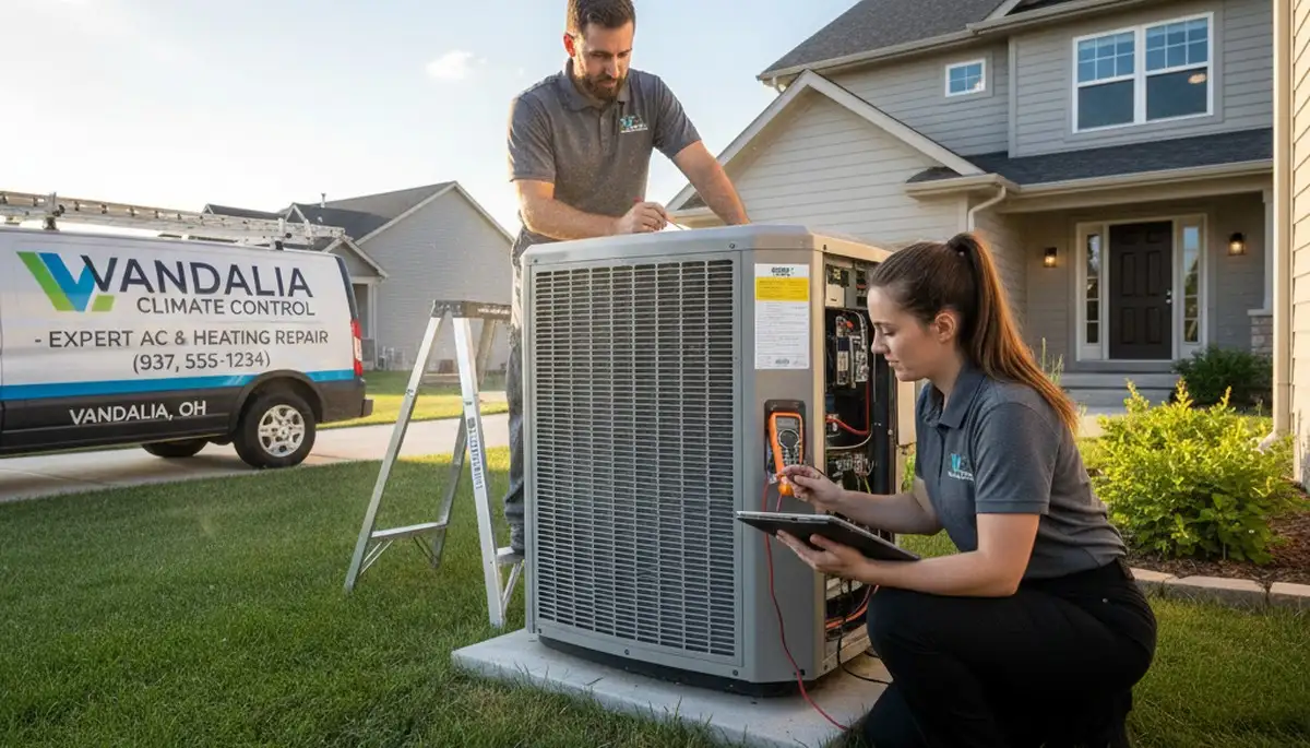Professional AC repair technician servicing air conditioner unit in Dayton, OH