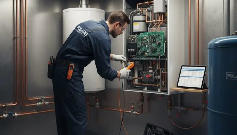 Technician performing boiler repair service in Dayton, OH for Five Star Cooling heating experts