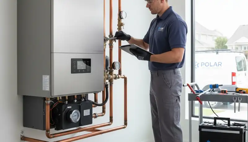 Technician performing boiler repair in Dayton, OH for residential heating system maintenance