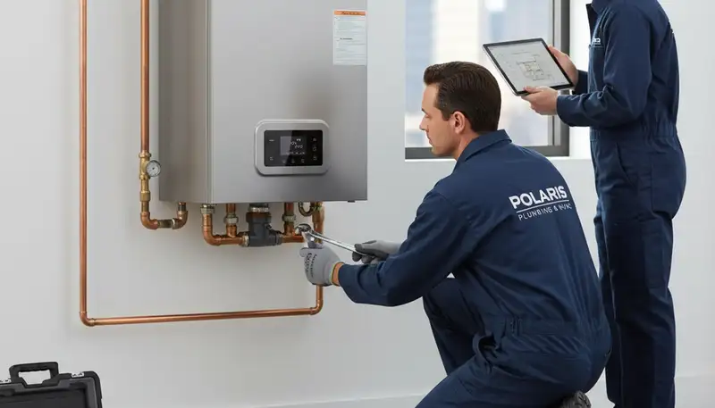 Technician performing professional boiler repair service in Dayton, OH home basement