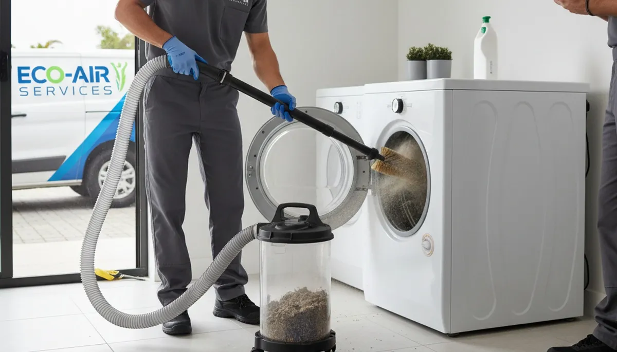 Technician performing professional dryer vent cleaning in Dayton, OH home for improved airflow