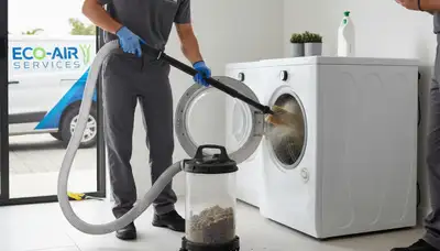 Technician performing professional dryer vent cleaning in Dayton, OH home for improved airflow