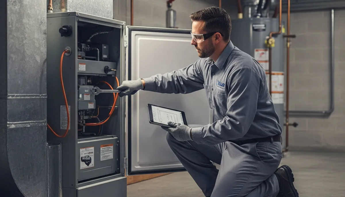 Technician performing furnace repair in Dayton, OH for local heating service company