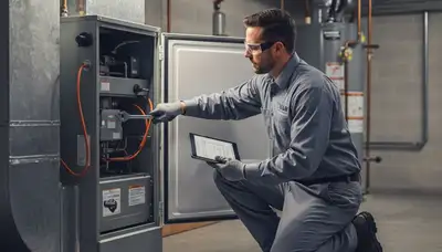 Technician performing furnace repair in Dayton, OH for local heating service company