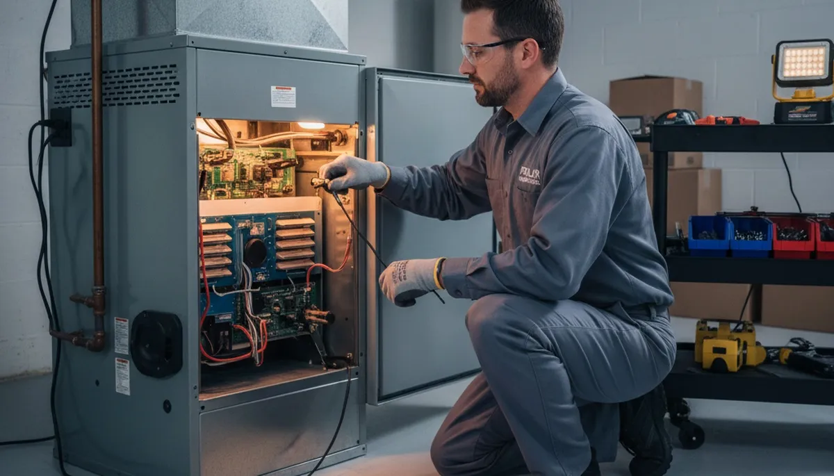 Technician performing furnace repair in Dayton OH for Five Star Cooling heating service