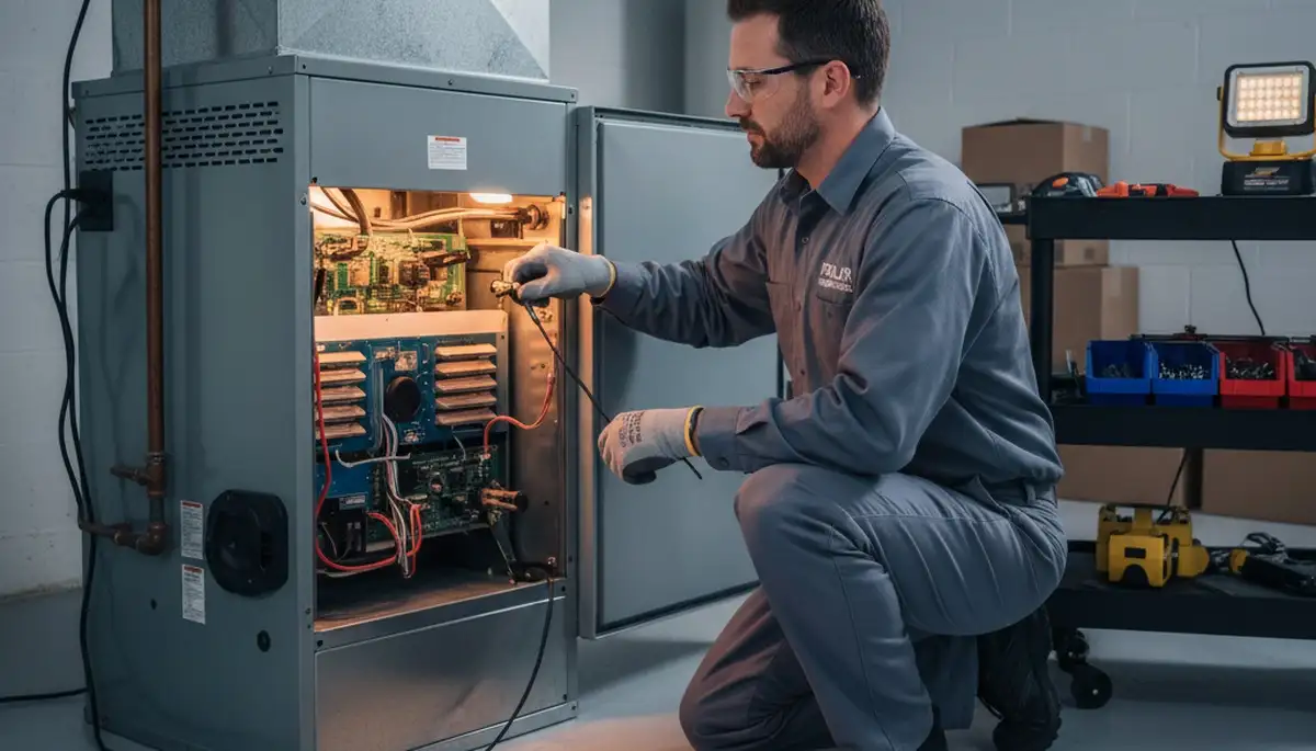 Technician performing furnace repair in Dayton OH for Five Star Cooling heating service