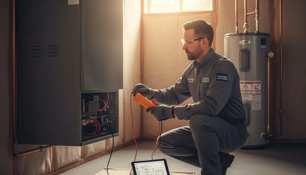 Technician performing heating repair on furnace in Dayton, OH home by Five Star Cooling