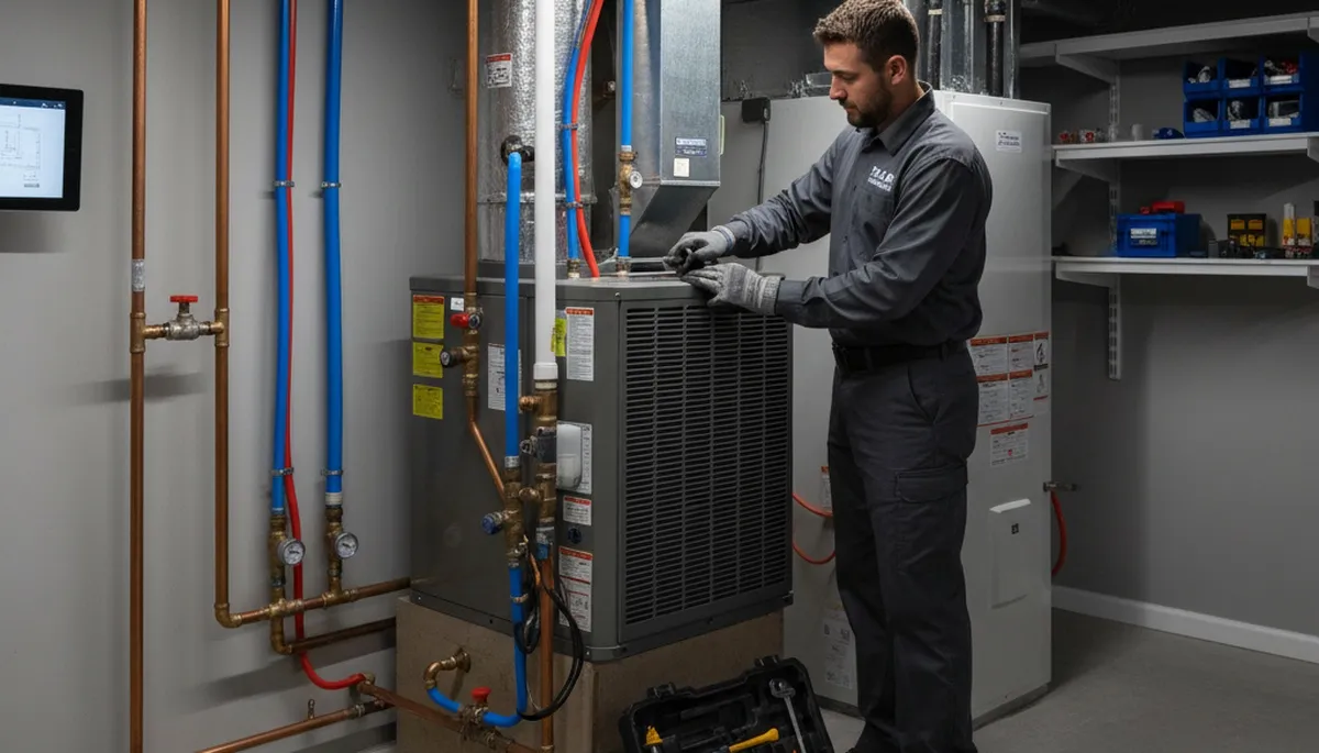 Professional plumber fixing pipes in Dayton, OH home for Five Star Cooling plumbing services