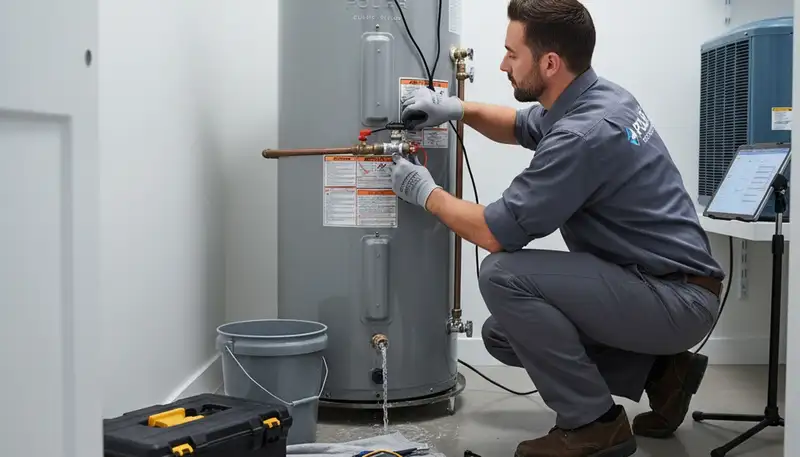 Technician performing water heater repair service in Dayton, OH for Five Star Cooling