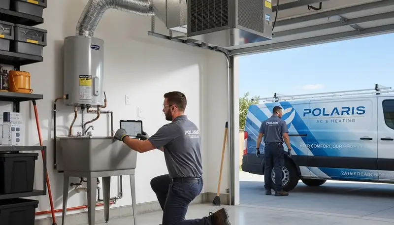Technician repairing residential water heater in Dayton OH for Five Star Cooling service page